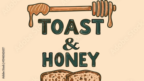 Illustration of toast and honey with a honey dipper above the text and slices of bread below the text