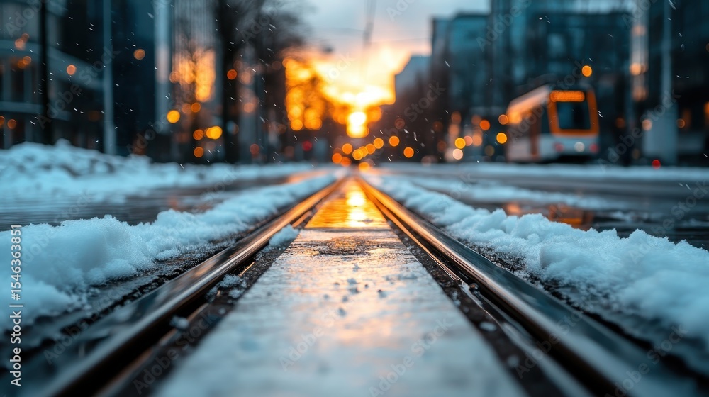 Fototapeta premium A serene view of tram tracks leading into a glowing winter sunset, surrounded by freshly fallen snow and a bustling urban backdrop highlighted by twinkling lights.