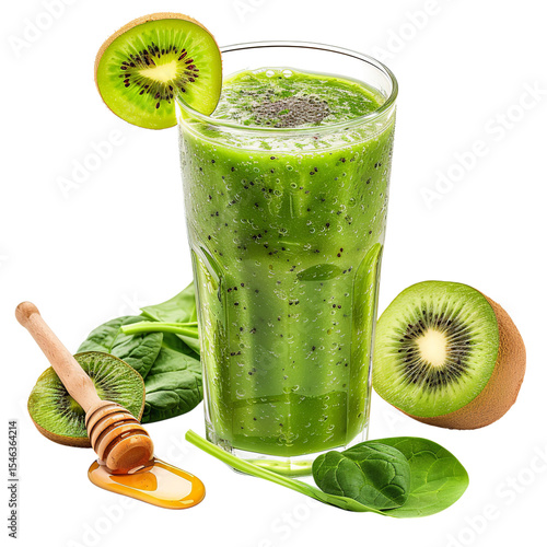 Vivid green smoothie with kiwis spinach honey in glass