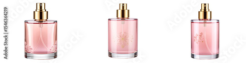 Elegant glass bottle of floral body mist with golden spray cap, isolated on transparent background PNG