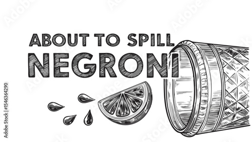 About to spill negroni image featuring a glass, orange slice, and liquid drops in a sketch style design