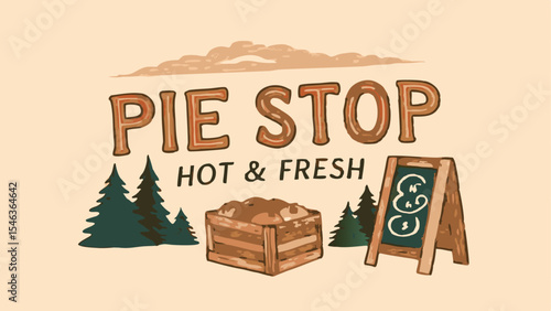 Illustration of a pie stop sign with a wooden crate of pies and trees against a beige background color