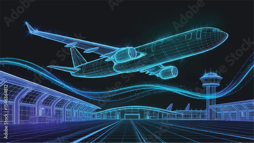 Futuristic Airplane Taking Off from Digital Airport