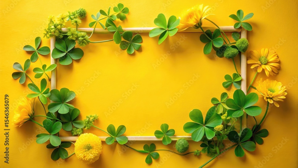 Fototapeta premium A vibrant yellow flower arrangement is placed within a lush green shamrock frame against a bright yellow background