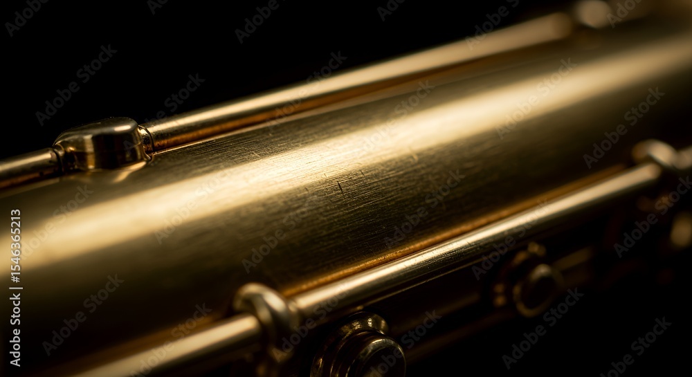 Naklejka premium Golden Flute's Gleaming Body: A Close-Up Macro of Musical Instrument Detail