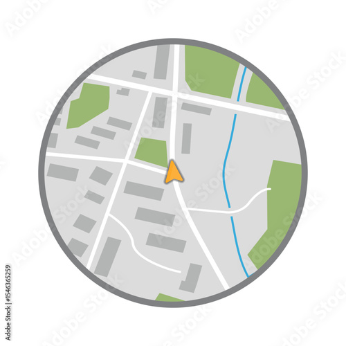 City minimap navigation, GPS navigator. Simple realistic map with small town, forest, river and player arrow in the center. Game like UI overlay with mini map and HUD radar navigator.
