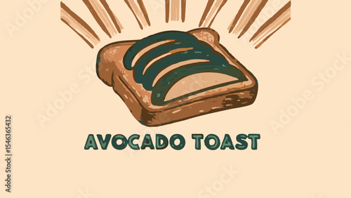Illustration of a slice of toast topped with avocado slices and radiating light rays in the background