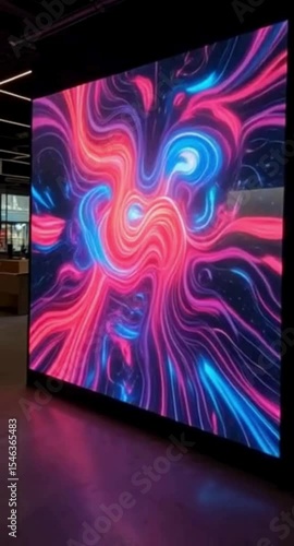 Large LED Screen Displaying Abstract Colorful Swirls in a Modern Interior Setting Generative AI