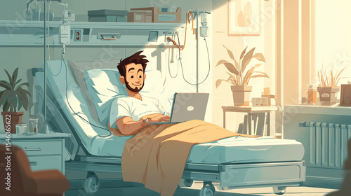 Digital illustration of a sick man typing on a laptop in a hospital bed. Represents work pressure, remote culture, and dedication despite illness in a modern setting.