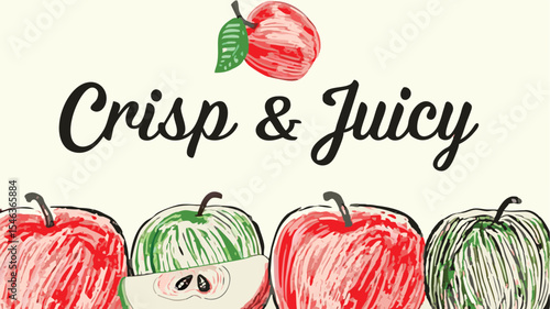 Illustration of crisp and juicy text with apples in red and green colors with a white background color