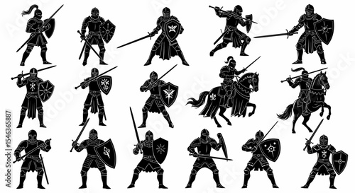 Silhouette Knights in Armor Medieval Warrior Vector Art Illustration