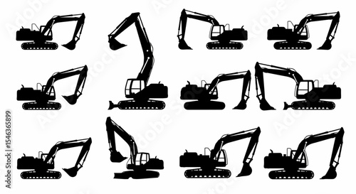 Excavator Silhouette Collection Earthmoving Vehicle Construction Equipment
