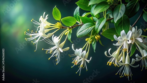 Delicate honeysuckle flowers with green leaves cascade down a dark