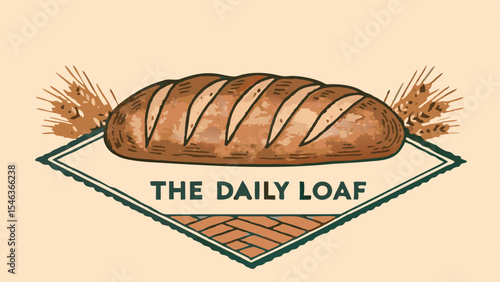 Illustration of a loaf of bread with wheat stalks and a diamond shaped frame with the daily loaf text