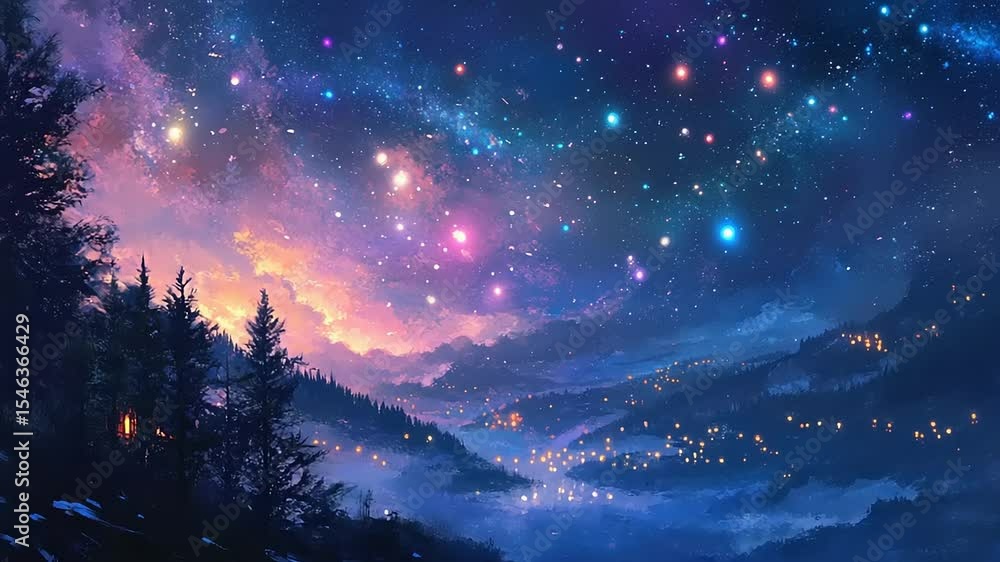 Enchanting night sky filled with stars over a serene valley with glowing lights and mountains Enchanting night sky filled with stars over a serene valley with glowing lights and mountains