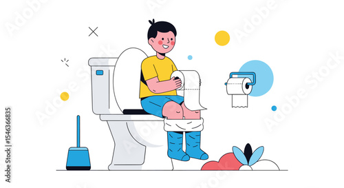 Illustration of a Child Sitting on a Toilet Dealing with Stomach Ache Problem