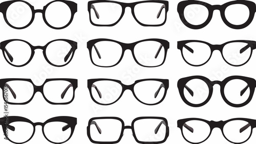 Collection of twelve different eyeglass frames in various shapes and styles in a grid pattern design created with generated ai