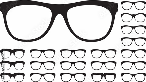 Collection of various styles of black rimmed eyeglasses arranged in a grid pattern on white backdrop created with generated ai