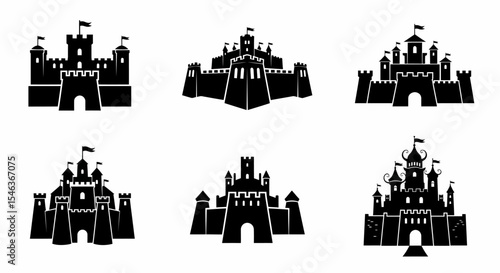 Majestic Fortress Collection Black Silhouette Vector Illustrations for Design