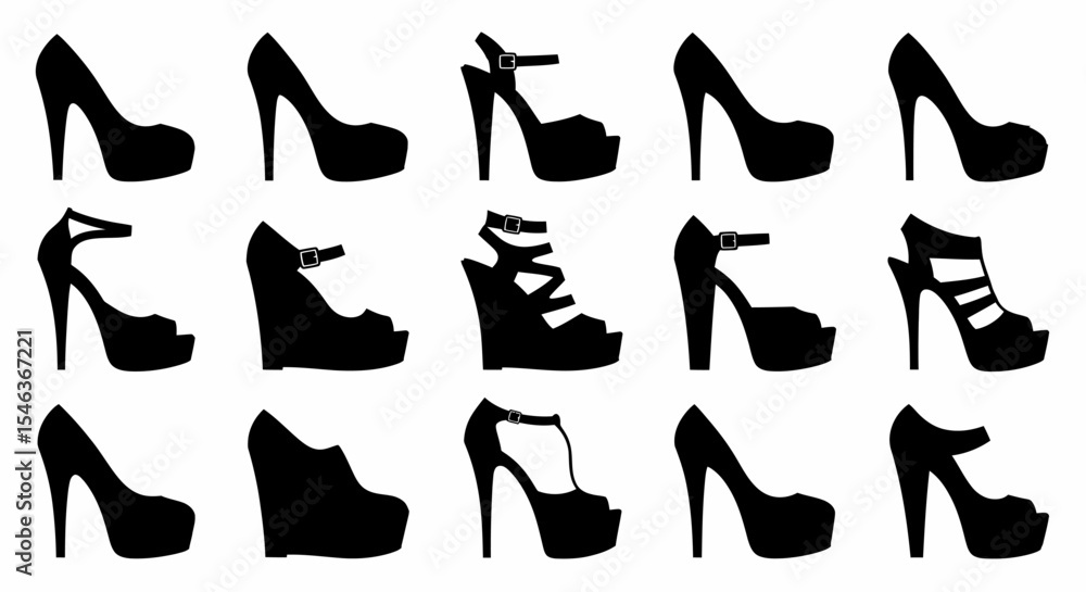 Black silhouettes of stylish women's heeled shoes collection Black silhouettes of stylish women's heeled shoes collection