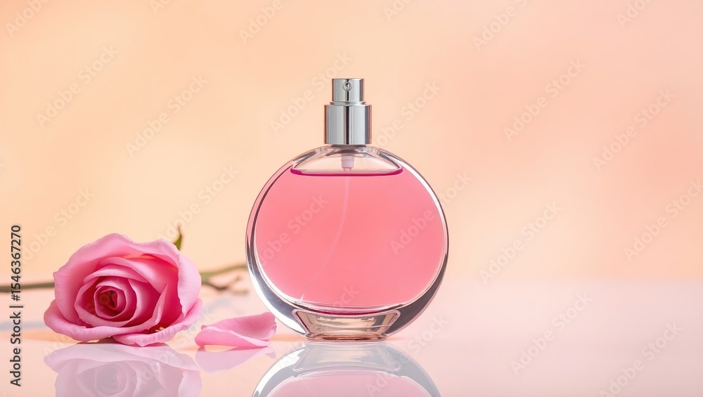 Artistic photo of round glass perfume bottle with pink liquid and metallic nozzle. Positioned on a reflective surface next to a blooming pink rose and scattered petals. Soft pastel background, dreamy Artistic photo of round glass perfume bottle with pink liquid and metallic nozzle. Positioned on a reflective surface next to a blooming pink rose and scattered petals. Soft pastel background, dreamy