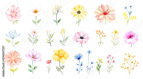 Set of spring flowers watercolor, set of colorful flowers
