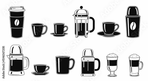 Vector Set of Coffee Mugs and Accessories Black and White