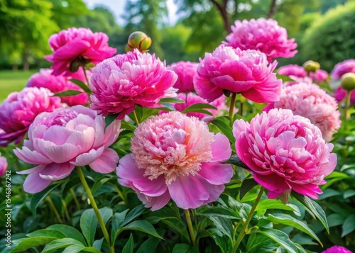 Large peony flowers in a lush garden bed