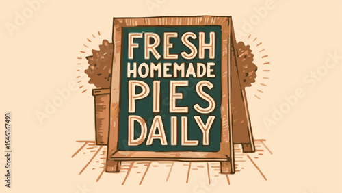 Illustration of a chalkboard sign advertising fresh homemade pies daily with potted plants on either side