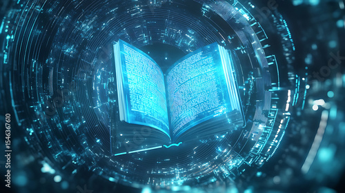 3D book cover mockup spinning inside holographic interface, digital glow, techy UI elements surrounding the book, futuristic sci-fi theme for e-book or concept reveal.