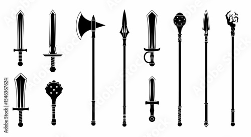 Medieval Weapons Set of Sword Axe Spear and Mace Silhouettes