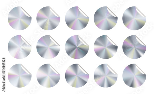 Silver hologram sticker label stamp. Platinum assurance metal gradient tape. Certification emblem circle icon. Limited best new product edition colorful foil tag. Original round vector conical texture
