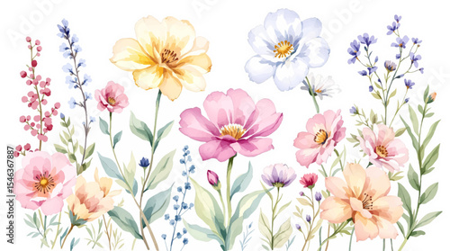 Set of spring flowers watercolor, set of colorful flowers