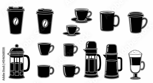 Black and White Coffee Mug And Cup Assortment Silhouette