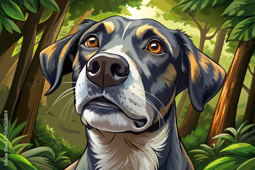 Loving dog gazing upward with soft, devoted eyes in peaceful forest setting heartwarming vector artwork ideal for pet lovers, posters, and emotional design themes