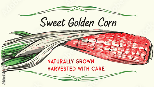 Illustration of sweet golden corn with green husks and a red cob with naturally grown harvested with care text