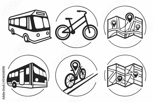 Illustrations of transportation and navigation isolated on white background