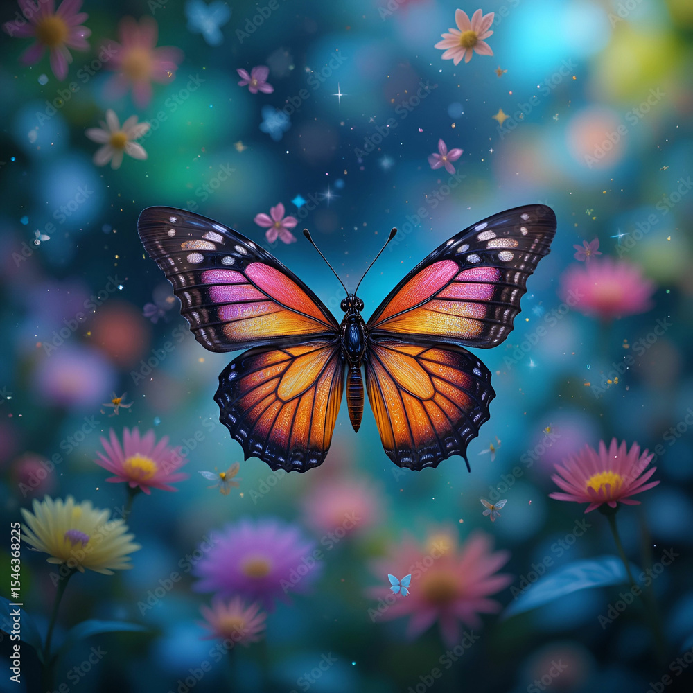 Fototapeta premium Generative AI image of a butterfly gracefully flying over natures vibrant, colorful patterns, symbolizing freedom.