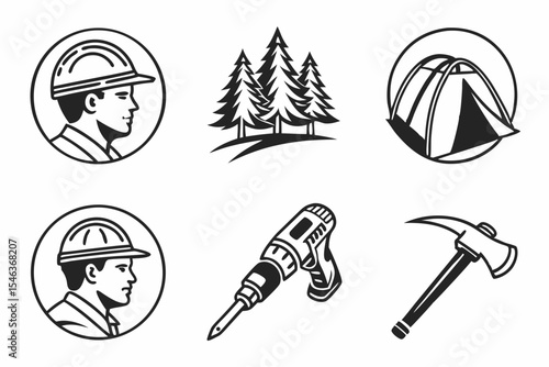 Construction worker forest camping and drilling icons isolated on white