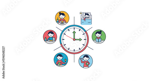 Daily Activities Timetable For Children Displaying Icons With Clock And Child Illustrations