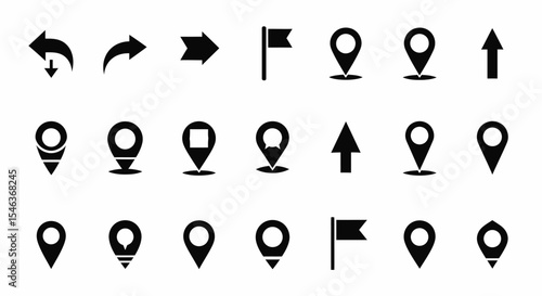 Collection of Black Navigation Map Icons for Graphic User Interface
