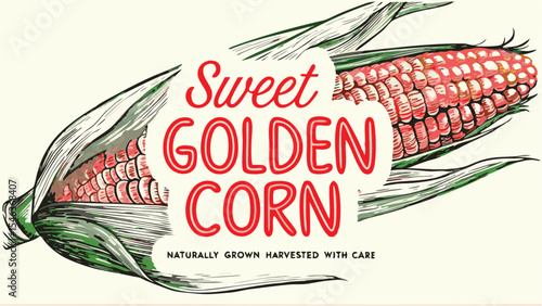 Illustration of two ears of sweet golden corn with red kernels and green husks and red lettering on a label
