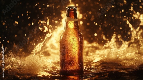 This stunning image showcases a beer bottle with a radiant glow, surrounded by dynamic sprays of water, embodying a sense of energy and refreshment.