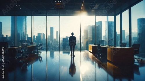 A solitary silhouette of a business leader stands thoughtfully in an urban office, metaphorically representing ambition, introspection, and the journey toward success at sunrise.