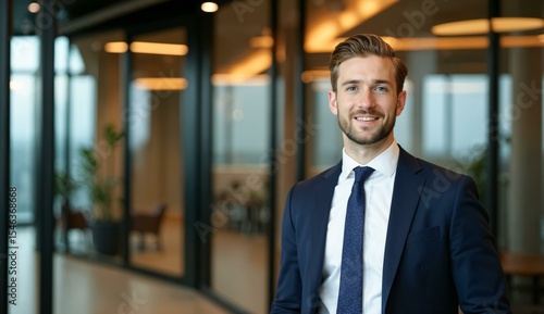 A man in a suit stands confidently in a modern office hallway, smiling at the camera.