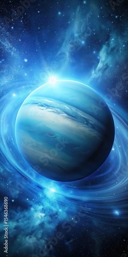A serene and vibrant illustration of the planet Neptune with icy blue gases swirling around its surface
