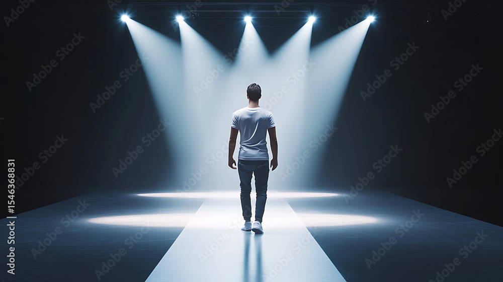 Obraz premium 3D T-shirt virtual try-on mockup, digital model walking on virtual runway, spotlights, clean minimal background, high-fashion concept for digital clothing line.
