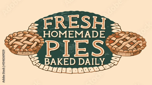 A vintage sign advertising fresh homemade pies baked daily with two pies on either side of the sign shown in detail