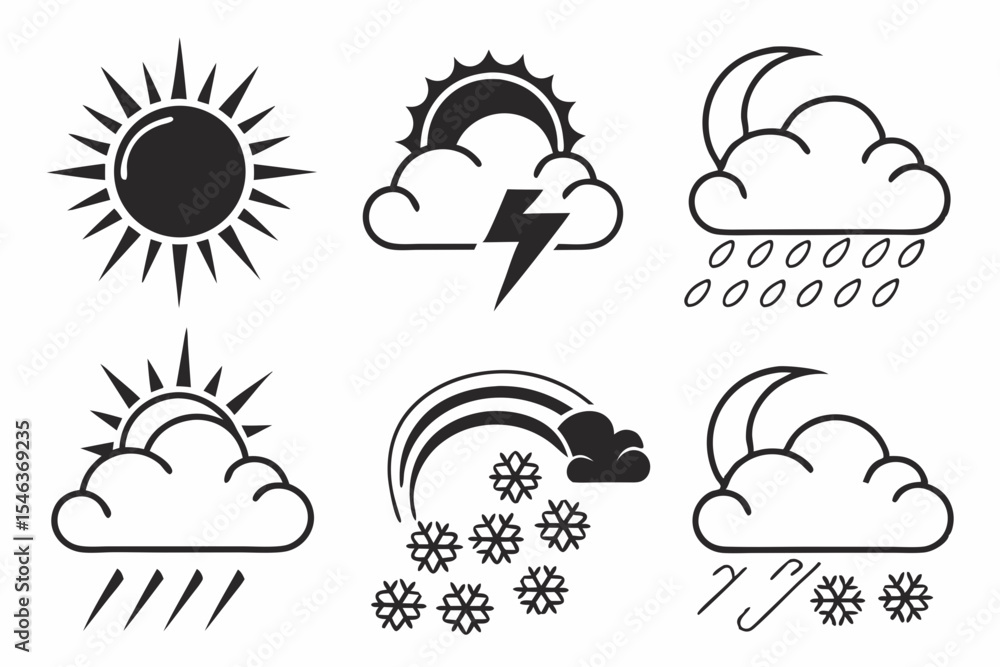 Weather forecast symbols showing sun cloud rain and snow isolated Weather forecast symbols showing sun cloud rain and snow isolated