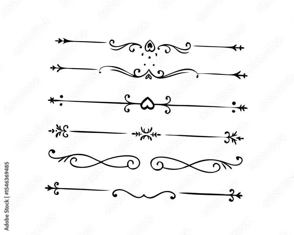 Text dividers doodle set. Wedding decorative elements. Divider ornament, borders, vintage line separators. Hand drawn vector illustration isolated on white background Text dividers doodle set. Wedding decorative elements. Divider ornament, borders, vintage line separators. Hand drawn vector illustration isolated on white background